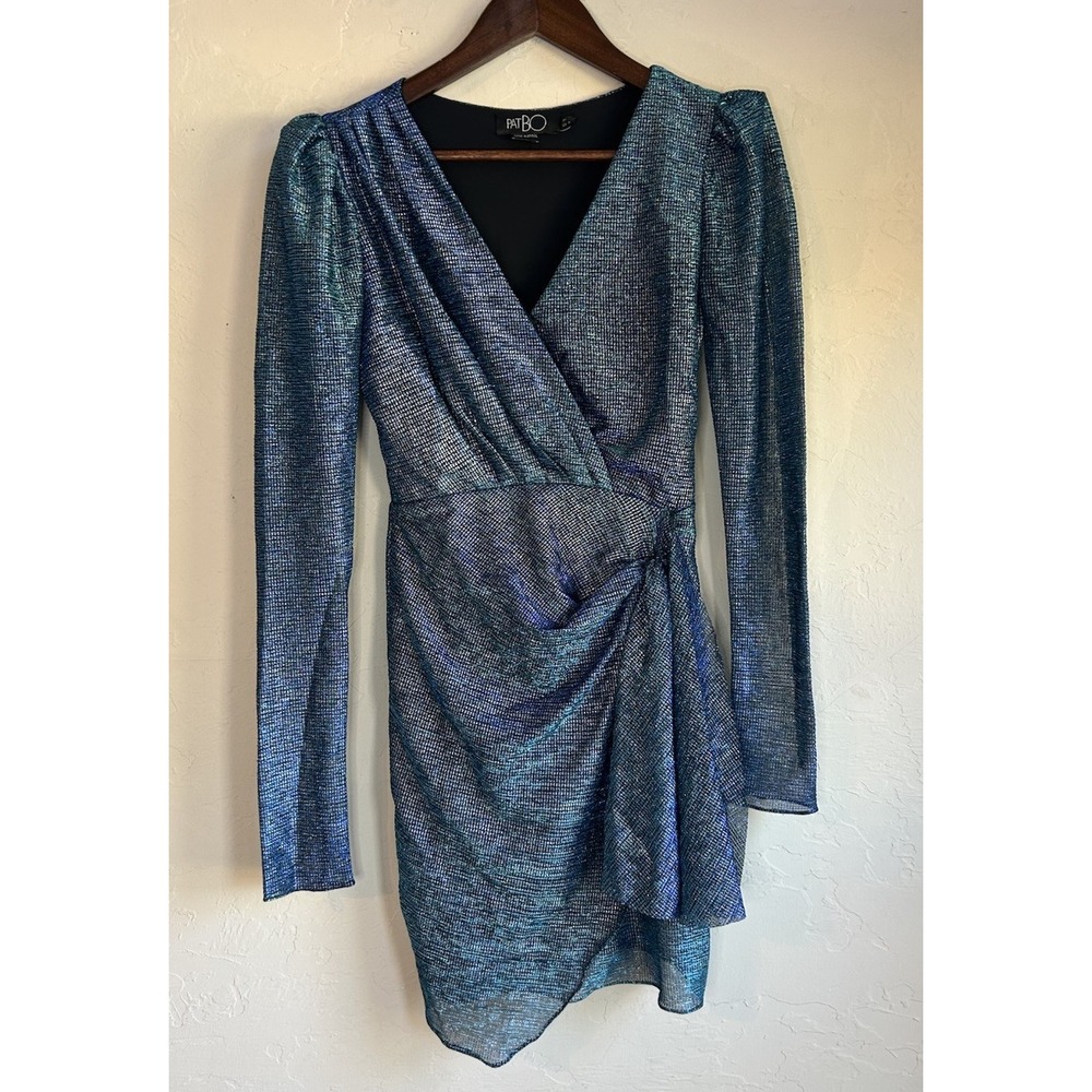 PatBo Metallic Blue Lamé Faux Wrap Dress 0 Designer‎ Glam Party Holiday Luxury